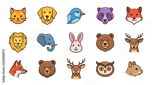 Collection of Cute Cartoon Animal Faces Icons.