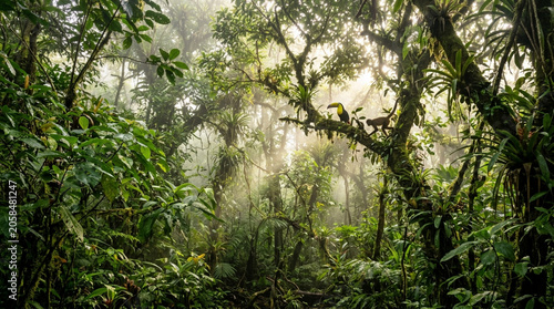 Misty Rainforest with Toucan and Monkey on Tree Branch