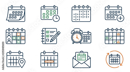 Collection of calendar icons representing planning and scheduling concepts.