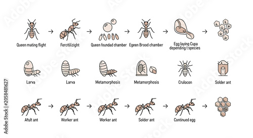 Foto Ant life cycle stages infographic showing queen, larva, metamorphosis, and worke