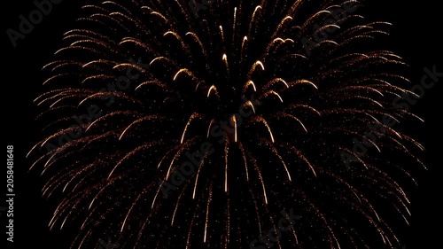 Golden firework burst on night sky with bright spark lines, festive celebration, radiant display and orange glow
