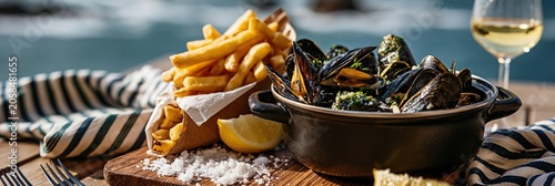 Steaming mussels with french fries and white wine overlooking the sea