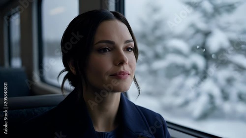 Calm woman on train with closed eyes by winter window, peaceful travel portrait, contemplative dark hair coat natural light