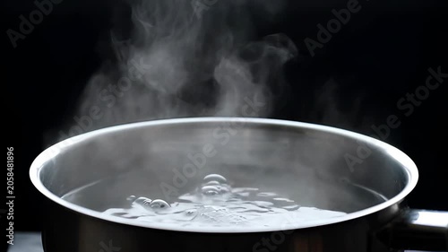 Boiling water steam in metal pot, kitchen cooking hot liquid with rising steam against black background