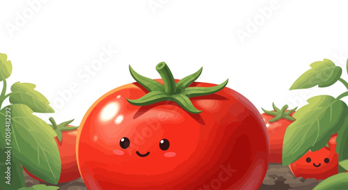 Cute tomato with a happy face in a garden surrounded by leaves