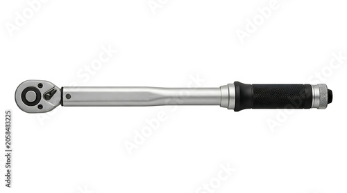 A silver metal torque wrench with a black rubber grip handle, isolated on a white background, for mechanical and, automotive repair tasks
