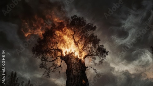 Burning Tree Against a Dark Sky - A Dramatic Natural Scene.