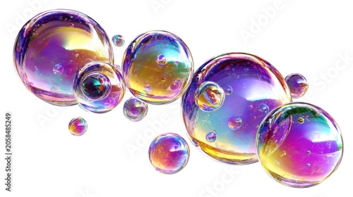 abstract colorful floating soap bubbles spheres iridescent glossy reflections isolated digital art composition vibrant close up futuristic background aesthetic on white background