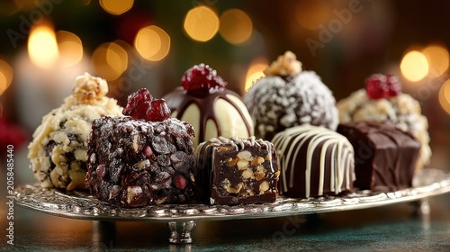 Assortment of Gourmet Chocolate Truffles and Candies on a Silver Platter with Bokeh Lights.