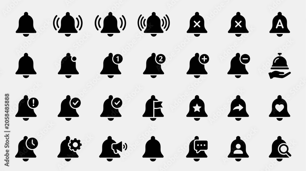 Fototapeta premium Outline notification bell icon collection featuring alert, alarm, reminder, and ringing symbols for web, mobile, and user interface applications.