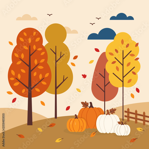 Colorful Trees and Pumpkins in an Autumn Landscape With Falling Leaves and a ...