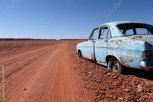 Abandoned rusty blue car on a remote dirt road in a vast desert landscape under a clear blue sky.