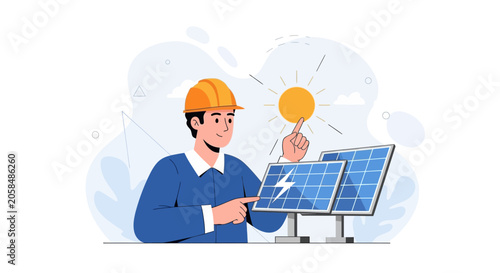 Solar Energy Technician Inspecting Panels Under The Sun, Renewable Energy Concept