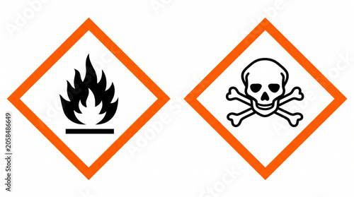 Fotografie Hazardous chemical warning symbols set including flammable flame and skull crossbones toxicity icons