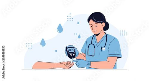 Nurse checking patient's blood glucose level with a glucometer, diabetes care concept, modern flat illustration.