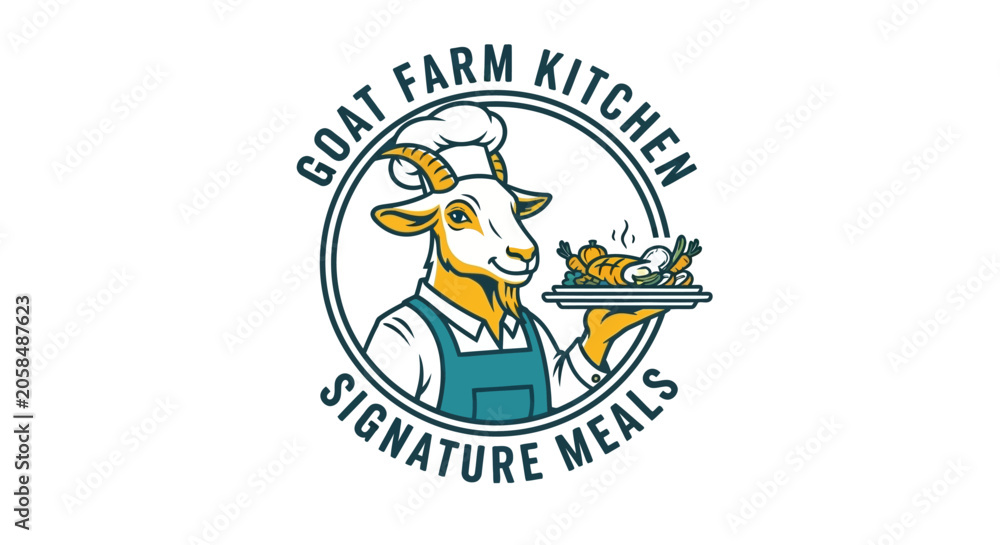 Fototapeta premium Goat Farm Kitchen Signature Meals Logo with Chef Goat Holding Platter.