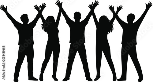 Silhouettes of five people with arms raised in celebration
