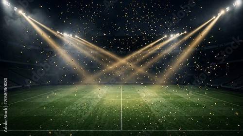 Confetti Celebration on Empty Soccer Field with Spotlights Background