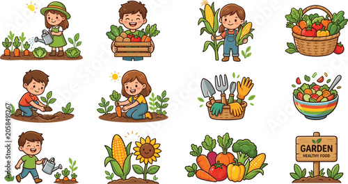 Cute kids gardening and organic vegetable harvest sticker set vector illustrations for healthy food education concepts.