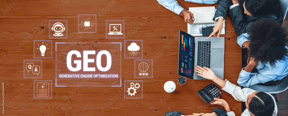 Obraz premium Business Team Collaboration on Generative Engine Optimization Strategy with Laptop and Icons Representing Technology and Innovation Fluxor.