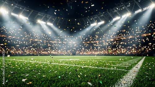 Football Victory Stadium Background with Green Turf for Marketing