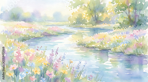 Soft Pastel Watercolor Landscape with River and Wildflower Meadow