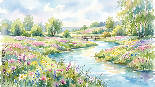 Peaceful Watercolor Landscape with River Meadow and Wildflowers