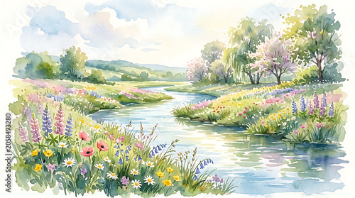 Watercolor Spring Landscape with Winding River and Wildflowers