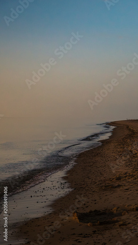 Vertical peaceful view of a misty sandy shoreline and calm sea at twilight, Darss, Germany.