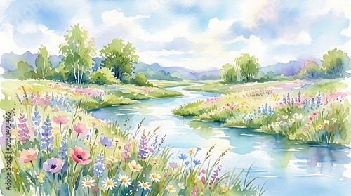 Watercolor Landscape with Winding River and Wildflower Meadow