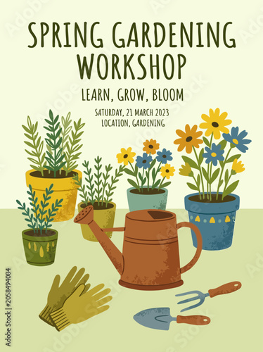 Bilde på lerret People attend gardening workshop with potted plants and tools nearby
