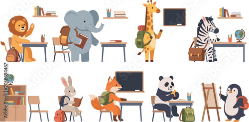 Photography Cute cartoon animals in classroom with backpacks and school supplies
