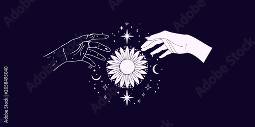Schilderij op canvas Two Hands Reaching For Flower With Celestial Elements Line Art