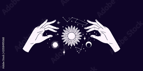 Photos Celestial Hands With Sun And Moon White Line Art On Dark Background