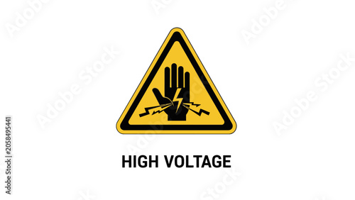 Bild auf Leinwand Yellow Triangle High Voltage Warning Sign with Hand and Text on Isolated White B