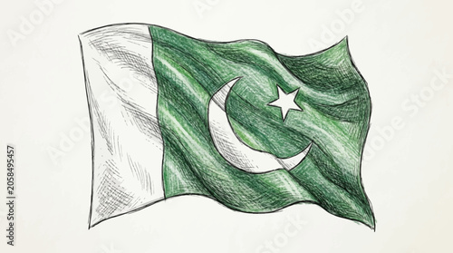 Foto The Pakistani flag waves with a white crescent moon and star on a green backgrou