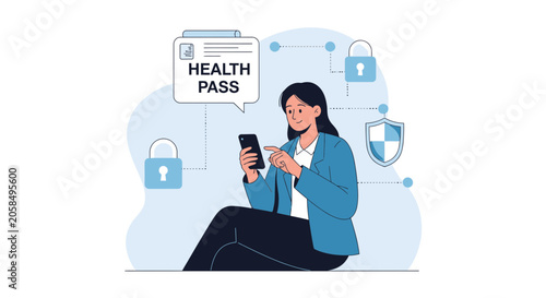 Woman using smartphone for digital health pass verification with security icons, representing travel and public access authorization.
