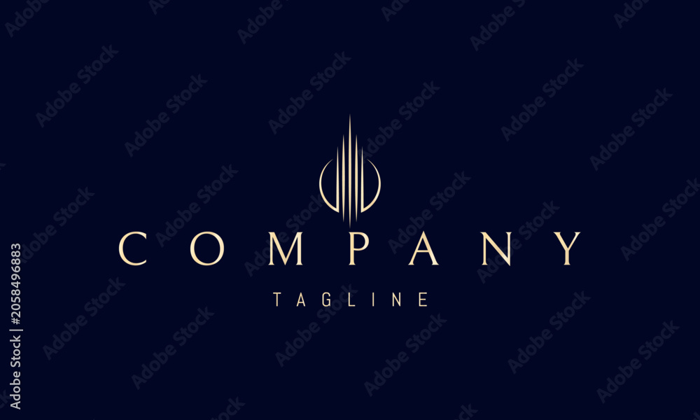 Naklejka premium A vector golden logo featuring an abstract image of a tower formed by sharp columns symbolizing strength, ambition, stability and architectural grandeur.