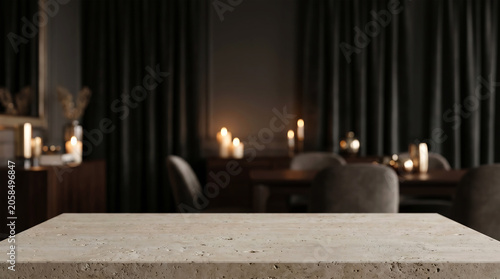 Stone tabletop mockup in moody dark dining room interior with warm candle light and elegant curtain background