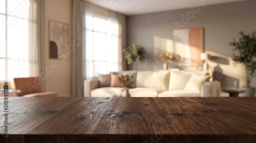 Dark wooden table top with blurred warm sunlit living room interior background for home product showcase and mockup