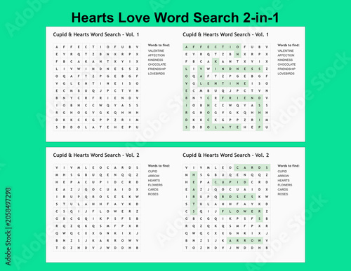 Hearts Love Word Search Puzzle on Green Background  