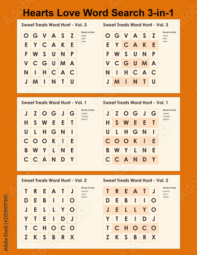 Hearts Love Word Search 3-in-1 Puzzle Design with Orange Background  