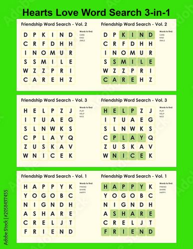 Hearts Love Word Search Puzzle 3-in-1 on Green Background  