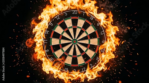 Dartboard surrounded by intense flames and sparks on a dark background