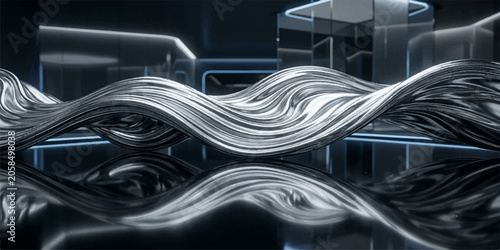 Fotografie Modern abstract metallic wave sculpture in dimly lit gallery interior with abstr