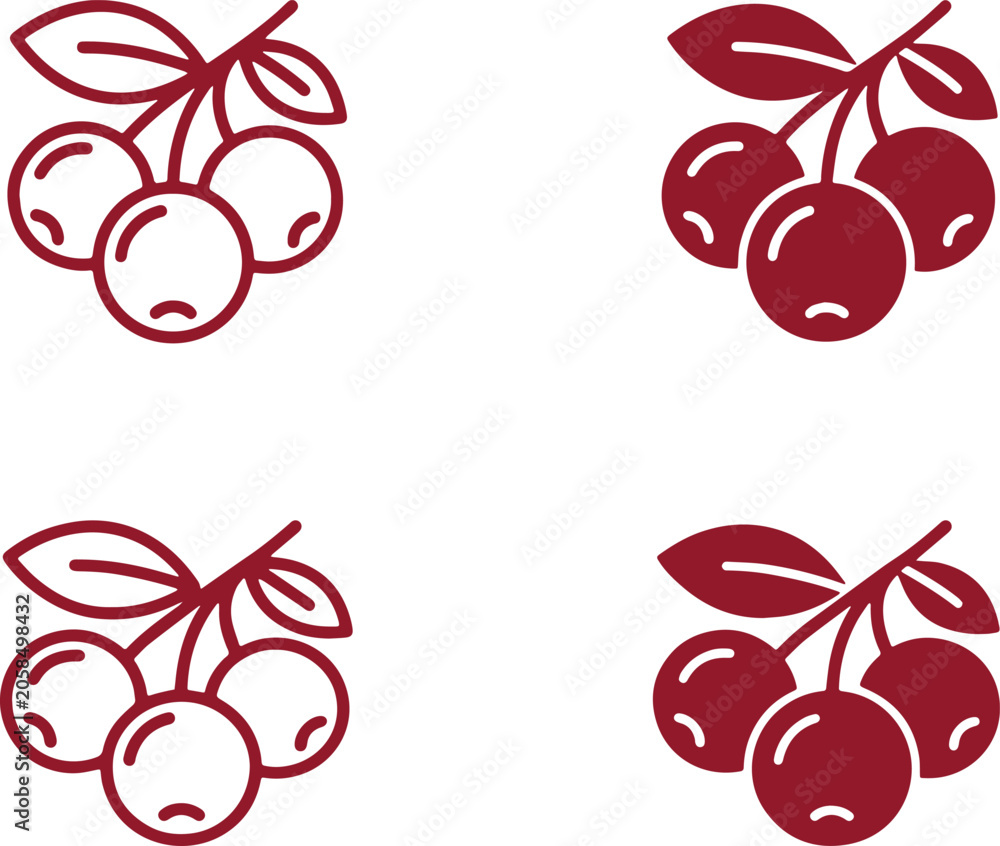 Obraz premium Cherry Fruit Branch Line and Flat Icon Collection for Organic Food and Agriculture Design