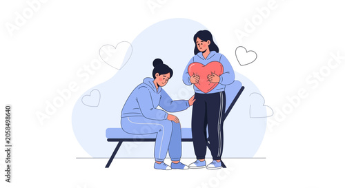 Woman comforting another woman with a heart symbol representing support