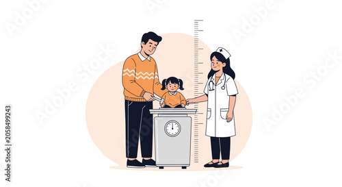 Pediatric Check-up: Child measured by nurse, parent watches, health scale