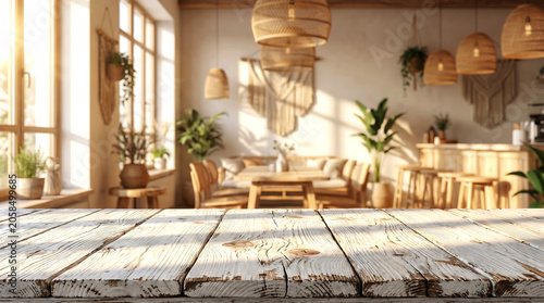 Weathered wood table boho cafe interior with wicker lamps and sunny window for aesthetic product mockup background