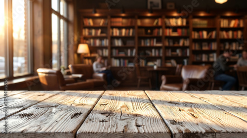 Rustic wood table library cafe with blurred bookshelves and warm sunset light for cozy reading mockup background